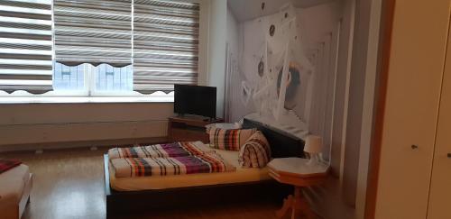 a bedroom with a bed and a tv in a window at Haus Enteresan in Cologne