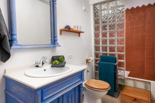 a bathroom with a blue sink and a toilet at El Arpa in El Chorro