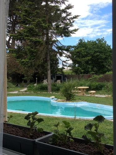 a swimming pool in the yard of a house at Chambre du merle in Illats