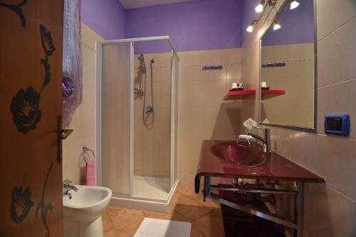 a bathroom with a red sink and a shower at Villa Isabella in Marina di Grosseto