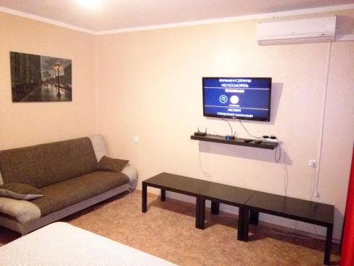 a living room with a couch and a tv on the wall at Naugorka 76 in Oryol