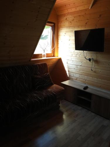 a living room with a couch and a flat screen tv at domki nad jeziorem in Wołkowyja