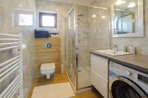 a bathroom with a shower and a toilet and a sink at Magnolia in Wilków