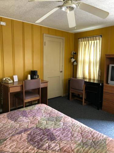 um quarto com uma cama, uma secretária e uma televisão em Coronado West Motel em Lindsborg