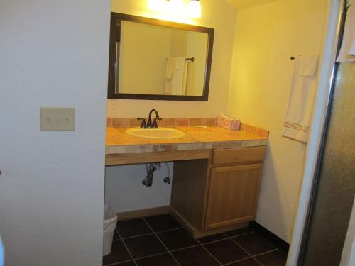 La salle de bains est pourvue d'un lavabo et d'un miroir. dans l'établissement The Remington Cabin, à Wapiti
