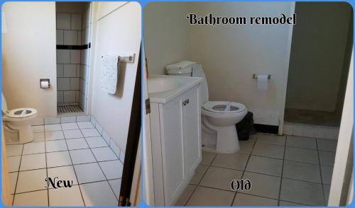 a bathroom with a toilet and a bathroom remodeled at Pacific Motel in Gridley