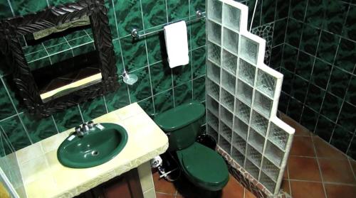 a green bathroom with a sink and a toilet at Chosa Manglar Suites & Cabins in Puerto Jiménez