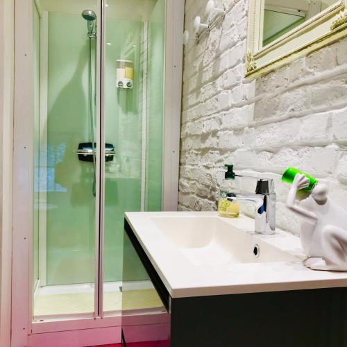 une salle de bain avec un lavabo et une douche en verre dans l'établissement Les 3 Tilleuls, à Roye