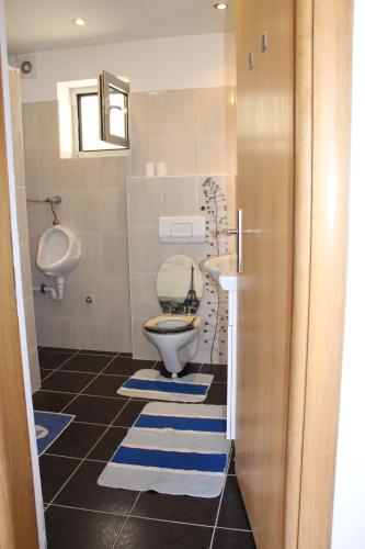 a bathroom with a toilet and a sink and a urinal at Apartman Danijel Jagic in Petrinja