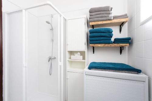 ein Bad mit einer Dusche und blauen Handtüchern in der Unterkunft Jill´s dream Villa in Adeje