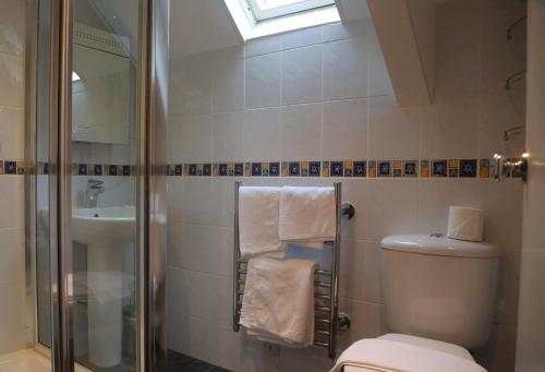 a bathroom with a shower and a toilet and a sink at Penryn House Hotel in Polperro