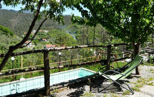 a swimming pool with a chair next to a tree at Nonno Paco Vacanze in Casarza Ligure