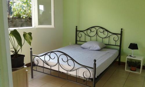 um quarto com uma cama numa sala verde em Kaznanou em Saint-Joseph