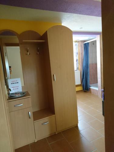 a room with a closet with a desk and a mirror at Penzion Forest in Rozvadov