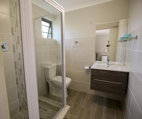 a bathroom with a toilet and a sink and a shower at Farm View Guest House in East London