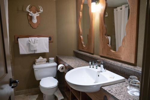 een badkamer met een wit toilet en een wastafel bij Banff Caribou Lodge and Spa in Banff