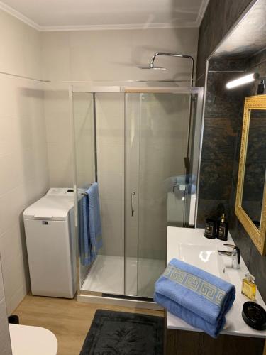 a bathroom with a glass shower and a sink at Laukamao Praia Da Rocha in Portimão
