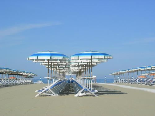 a group of chairs and umbrellas on a beach at Hotel Tirrenia in Viareggio