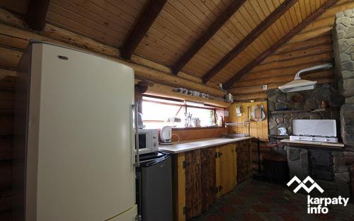 eine Küche mit einem weißen Kühlschrank im Zimmer in der Unterkunft Girskiy Svitanok in Slawske
