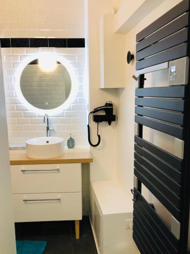 une salle de bain avec un lavabo et un miroir dans l'établissement Relais Cocorico Fondary Apartment Eiffel Tower District, à Paris