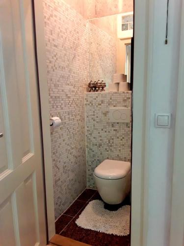 a bathroom with a toilet and a tiled wall at Haus zum Prater in Spitz
