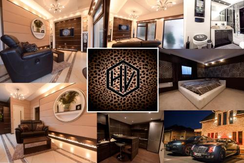 un collage di foto di un soggiorno e di una casa di H & V Residence - Bungalow Apartment a Arad