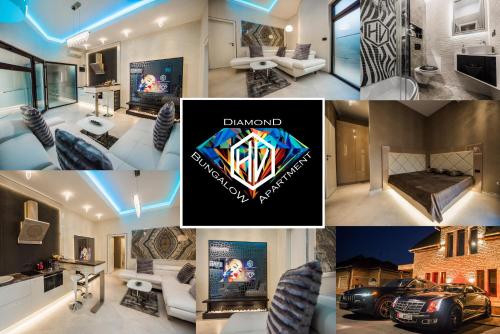 eine Collage mit Fotos von einem Wohnzimmer und einem Haus in der Unterkunft H & V Residence - Diamond Bungalow Apartment in Arad