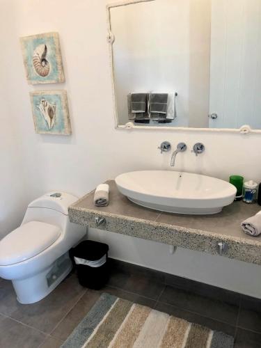a bathroom with a sink and a toilet and a mirror at Sandy Feet House in Puerto Villamil