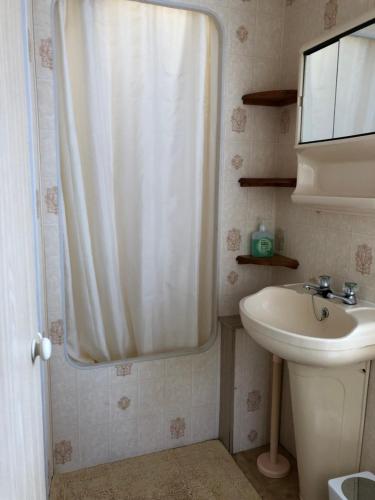 a bathroom with a shower curtain and a sink at 23 Glenfinart Caravan Park in Dunoon