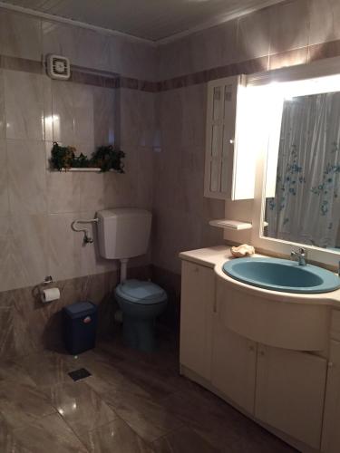 a bathroom with a toilet and a sink and a mirror at Europe Studios in Zóla