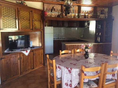 a kitchen with a table with chairs and a refrigerator at Europe Studios in Zóla