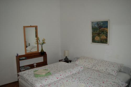 ブダペストにあるBuda Castle Apartmentsのベッドルーム1室(ベッド1台、壁掛け鏡付)