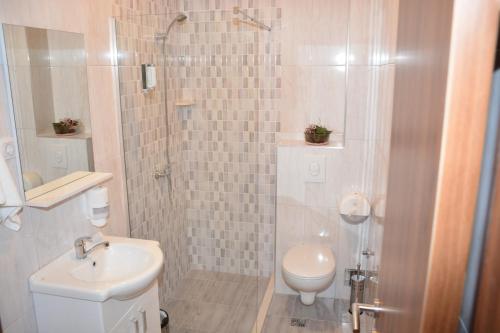 a bathroom with a shower and a toilet and a sink at Apartmani Gaga in Tivat