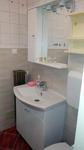a white bathroom with a sink and a toilet at Rooms IVKA in Plitvička Jezera