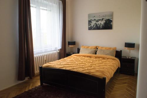 a bedroom with a large bed with a window at Apartman JnJ Velkomoravska in Olomouc