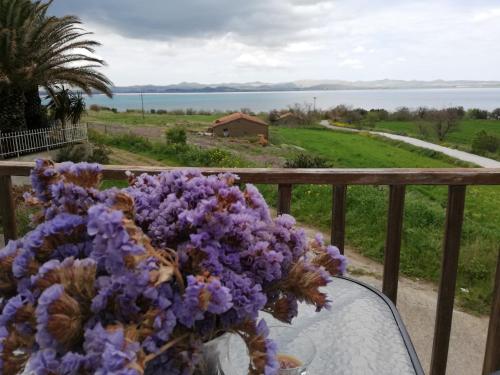 a vase of purple flowers on a table on a balcony at TERRA LEMNIA in Moudhros