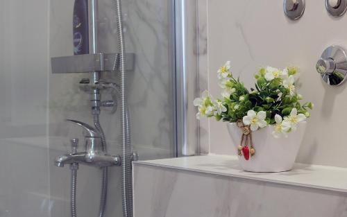 un vase de fleurs assis sur une étagère à côté d'une douche dans l'établissement Apartman Tina, à Novi Sad