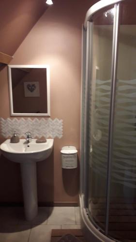 une salle de bain avec un lavabo et une douche dans l'établissement ENFIN !, à Grandcamp-Maisy