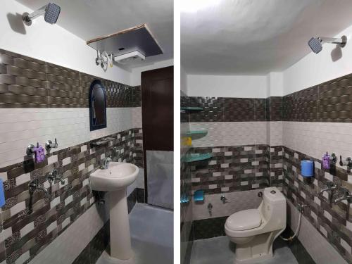 two pictures of a bathroom with a toilet and a sink at Bholenath Homestay Dalhousie in Dalhousie