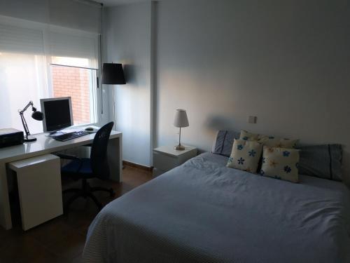 a bedroom with a bed and a desk with a computer at 6 Calle las Tuerces in Aldeamayor de San Martín