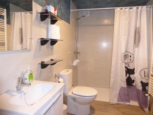 y baño con aseo, lavabo y ducha. en Apartamentos Rurales Imaz Etxea - Urbasa, en Olazagutía