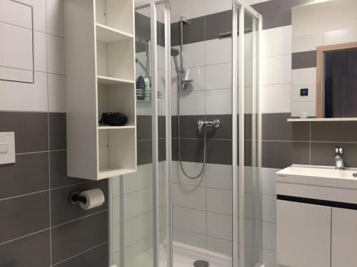 łazienka z prysznicem i umywalką w obiekcie Apartman Erika Lipno w mieście Frymburk