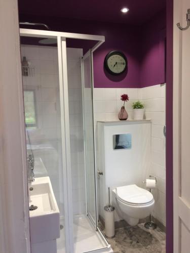 a bathroom with a toilet and a clock on the wall at Chaumière au bord de l'eau - Domaine de 3 hectares - Borne Electrique - Chiens acceptés in Hondouville