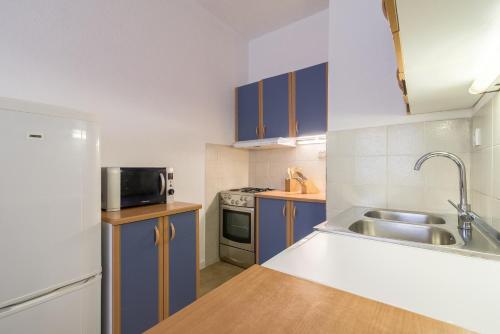 a small kitchen with blue cabinets and a sink at Olive gardens in Primošten