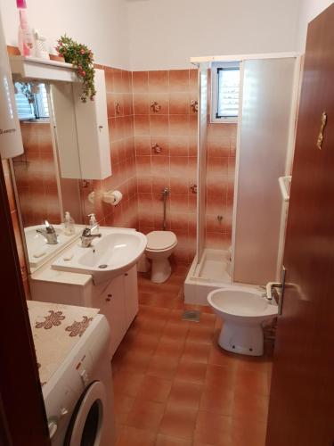 a bathroom with a sink and a toilet and a shower at Apartman Dora in Šmrika