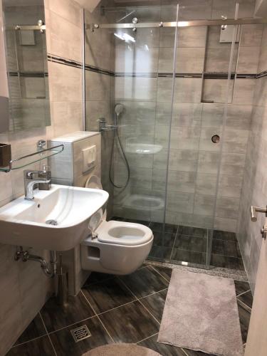 a bathroom with a shower and a toilet and a sink at Apartmans and rooms ''Slavica'' in Novalja