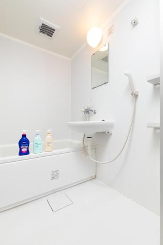 a white bathroom with a sink and a mirror at Kappo INN Tokusa in Hashimoto