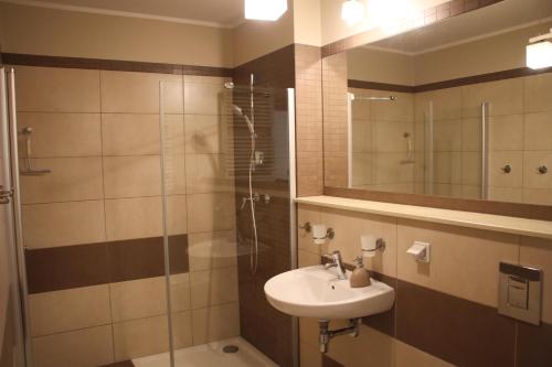 a bathroom with a sink and a glass shower at Apartament Kolonialny Olympic Park in Kołobrzeg