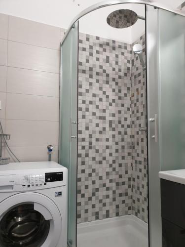 y baño con lavadora y ducha. en Apartmani Bura, en Povljana