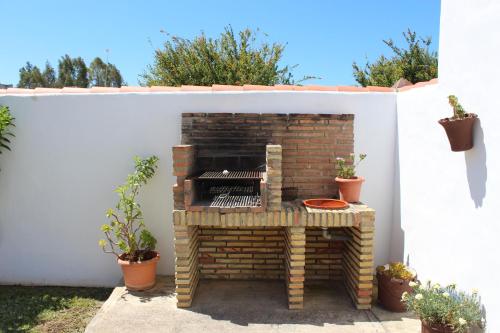 コニル・デ・ラ・フロンテーラにあるCasa Colada1の鉢植えの裏庭のレンガ造りの暖炉